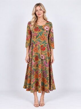 Natural Life Lottie Sweater Knit Maxi Dress Tan Pink Floral Boho Cozy Size XS
